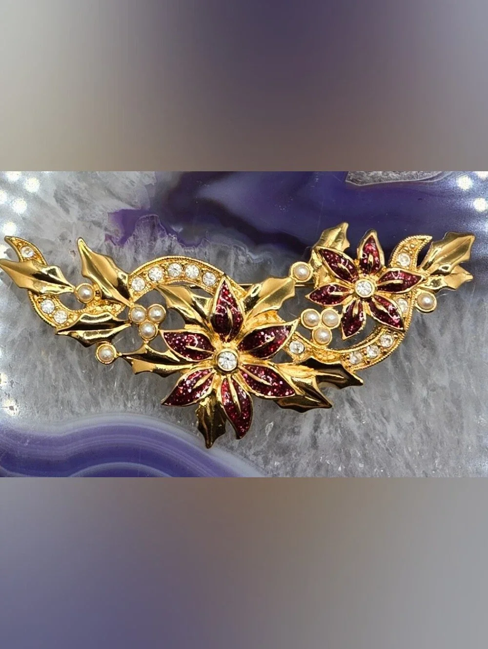 Avon Poinsettia Spray Brooch w/ Red Glitter Enamel & Faux Pearls  3¼